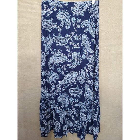 Talbots Petite Jersey Knit Blue Paisley Faux Wrap Maxi Pull-On Skirt Size MP - Picture 4 of 6